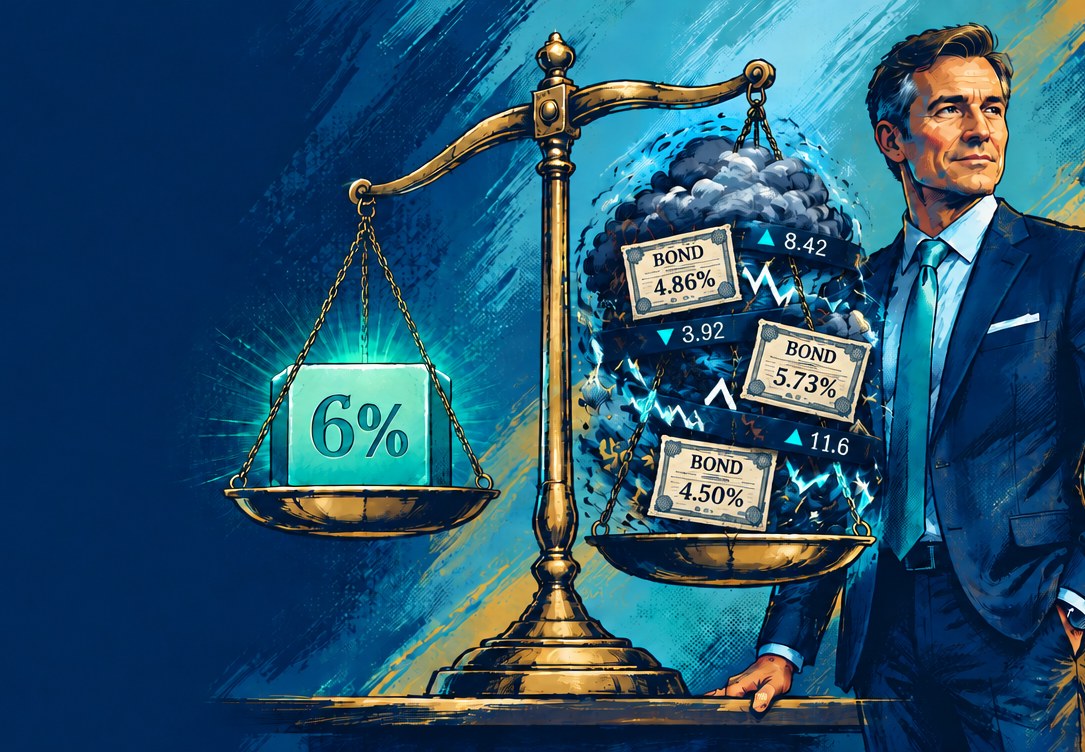 Illustration of an advisor beside a balance scale. One pan holds a calm glowing block marked 6%. The other holds a storm with bond certificates yielding 4.86%, 5.73% and 4.50%, a sharply swinging chart line, and a ticker moving both up and down.
